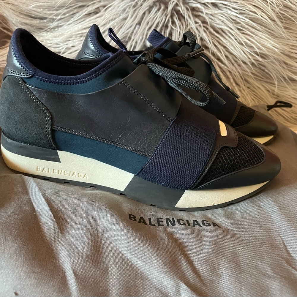 Balenciaga Navy Blue Leather and Suede Race Runner
